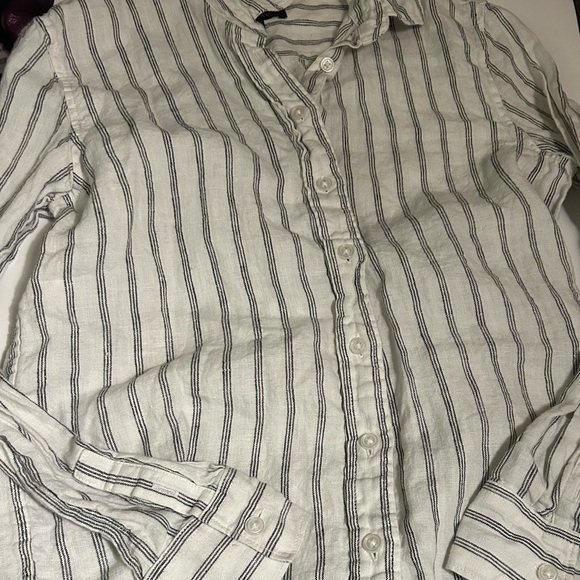QUINCE XS European Linen Button Up Shirt Top Oatmeal Black Stripe Collar - Picture 5 of 9